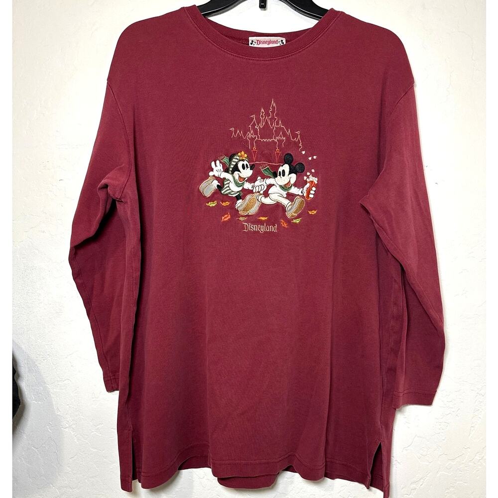 Vintage burgundy long sleeve embroidered Mickey & Minnie Disneyland top